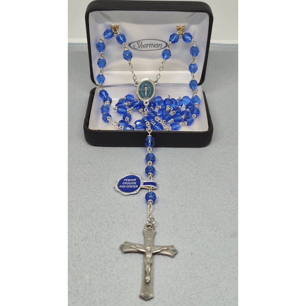 Vintage Sherman Rosary Pewter Crucifix Blue Crystal Beads Miraculous Medal Cente